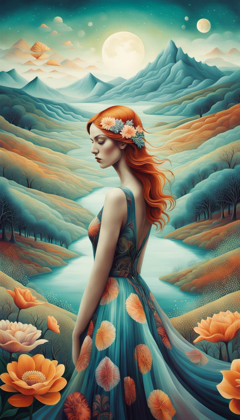 Surrealistic Goddess in Vibrant Dreamscape