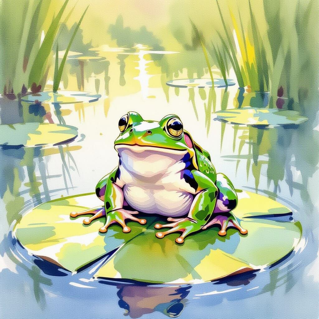 Vibrant Watercolor Frog on Lily Pad in Golden Hour