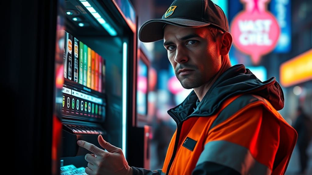 Determined Vending Machine Replenisher in Neon Cityscape