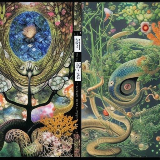 Surreal Snake in Warped Perspective with Birds