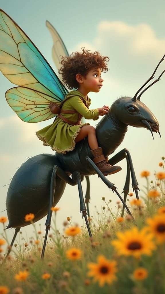Boy Rides Giant Ant in Whimsical Meadow