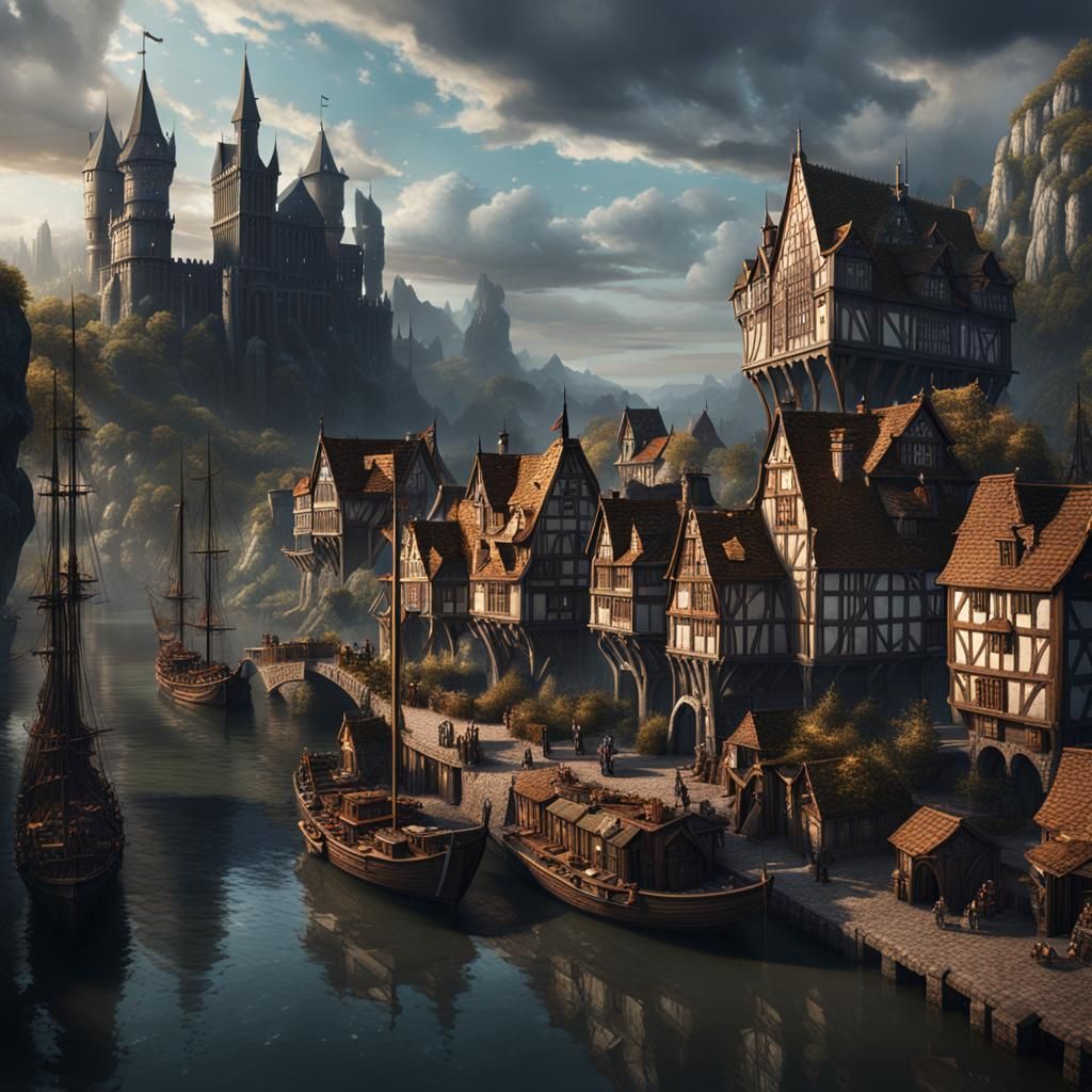 Dark Fantasy German Medieval Port City, Detailed Painting