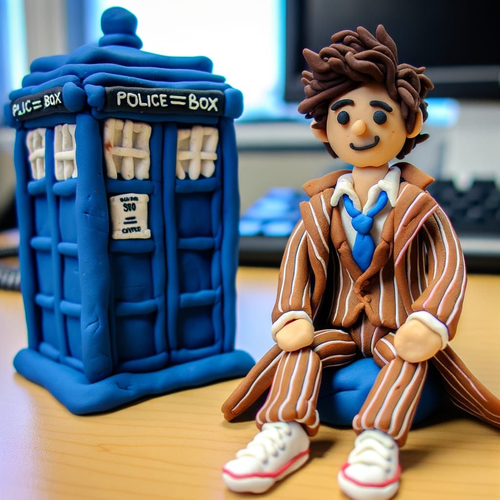 Playdough Doctor and TARDIS on a Desk