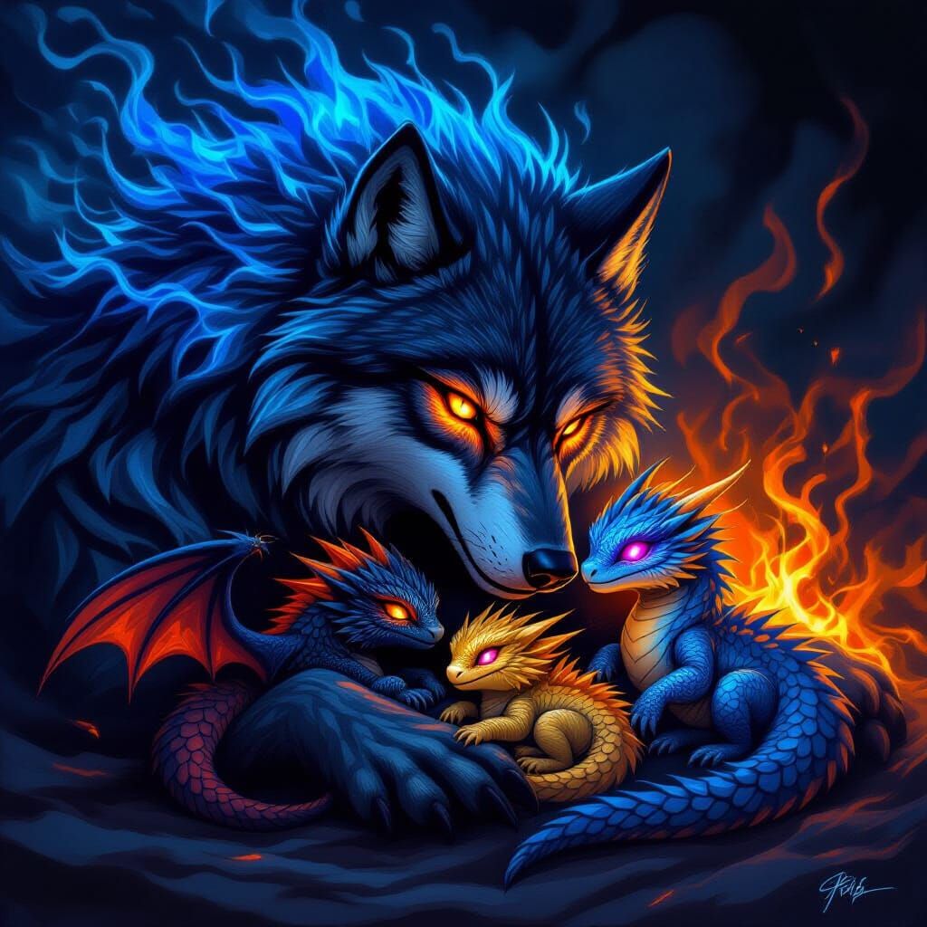 Fiery Wolf Protects Dragon Hatchlings in Dark Fantasy Art