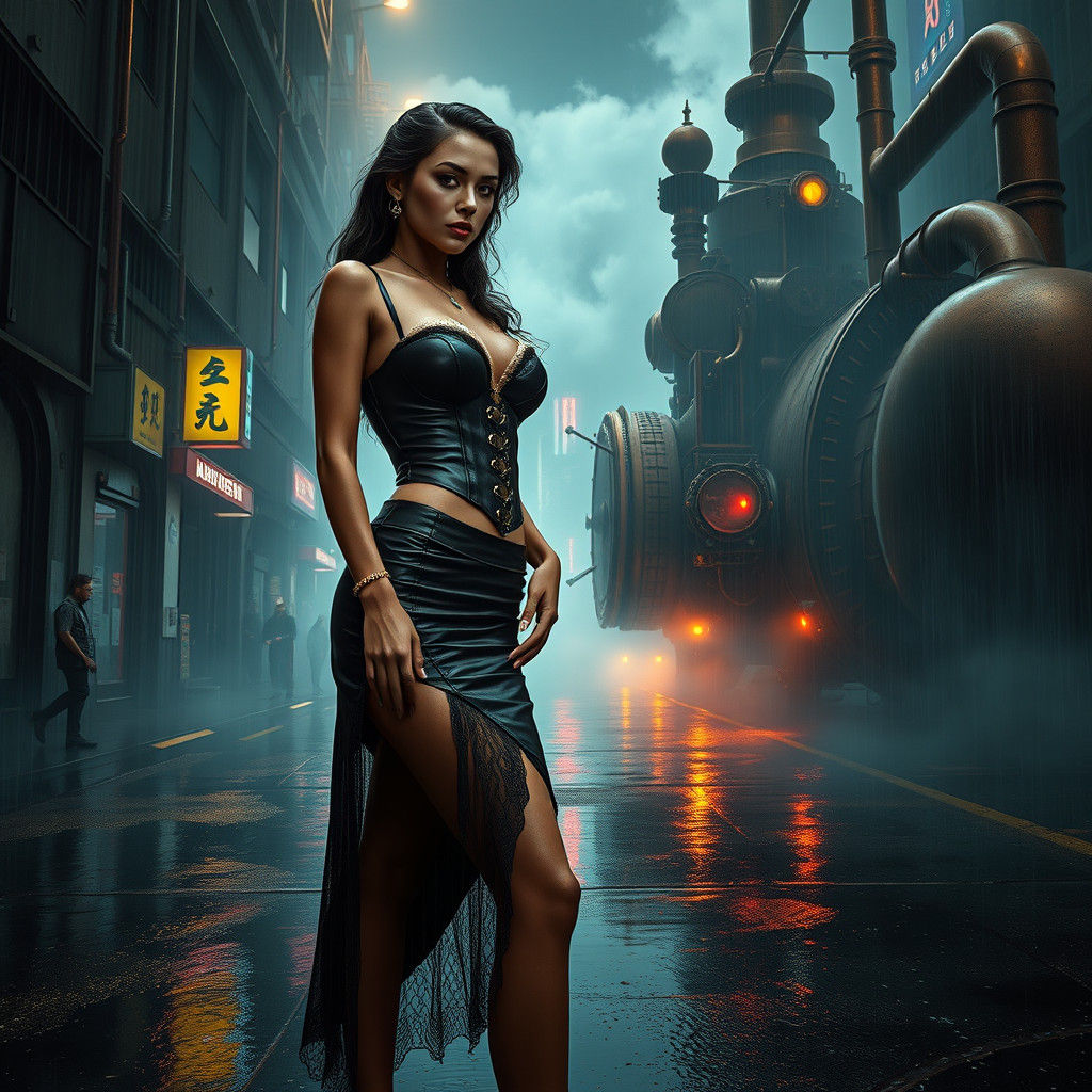 Cyberpunk Woman in Steampunk Cityscape