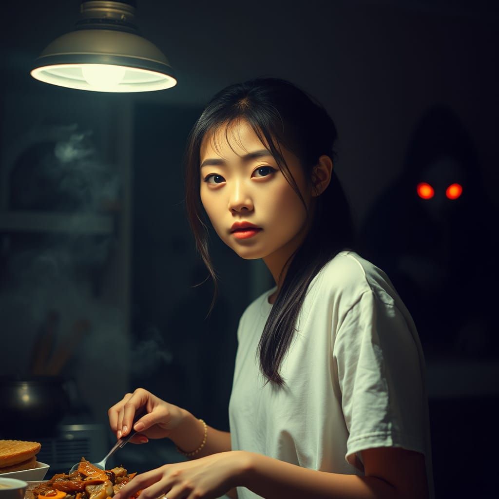 Eerie Kitchen Scene: Korean Woman in Hyperrealistic Style