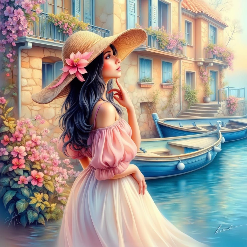 Whimsical Summer Harbor Scene in Watercolor Acrylic Style