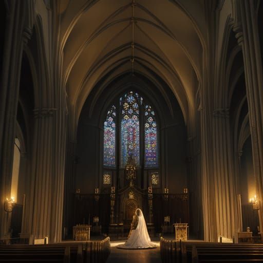 Woman in Prayerful Contemplation, Oil Painting in Golden Hou...