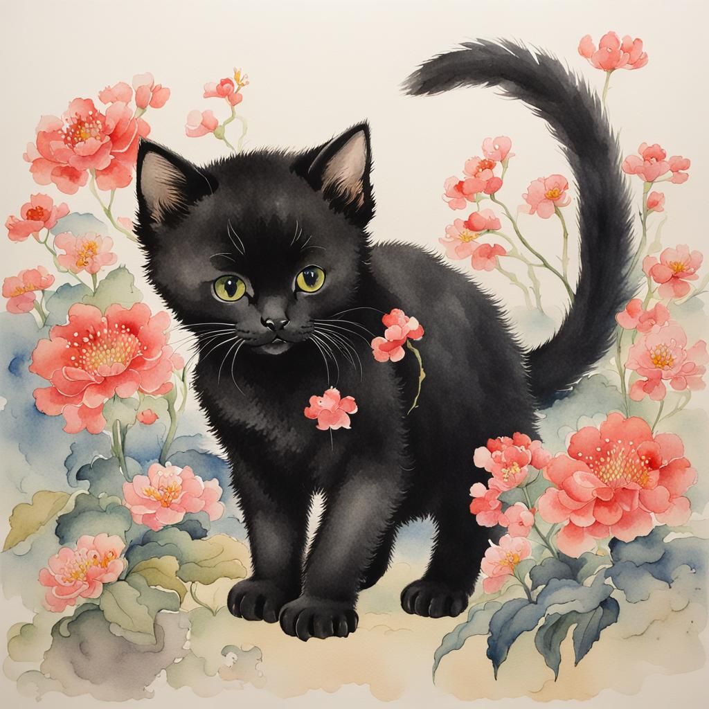 Black Kitten Among Flowers in Hokusai Style