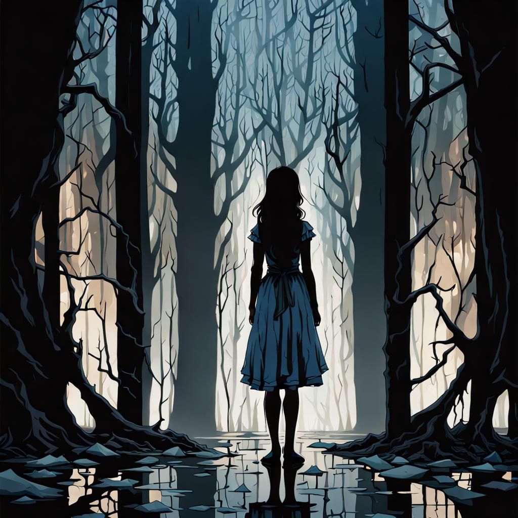 Girl in Dark Woods with Broken Mirror