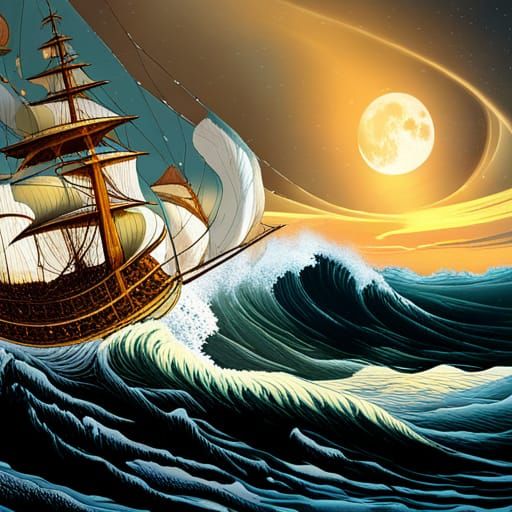 Spanish Armada in Stormy Seas: Moebius and Hokusai Style