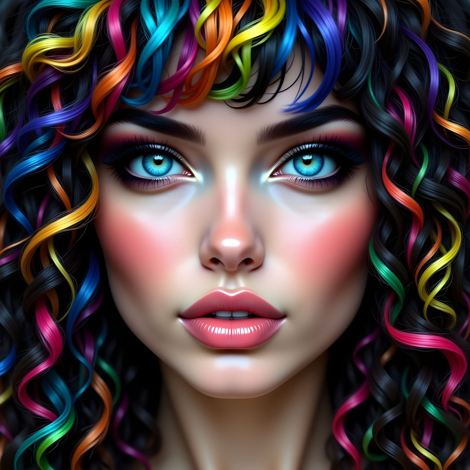 Glamorous Woman with Rainbow Hair and Eyes