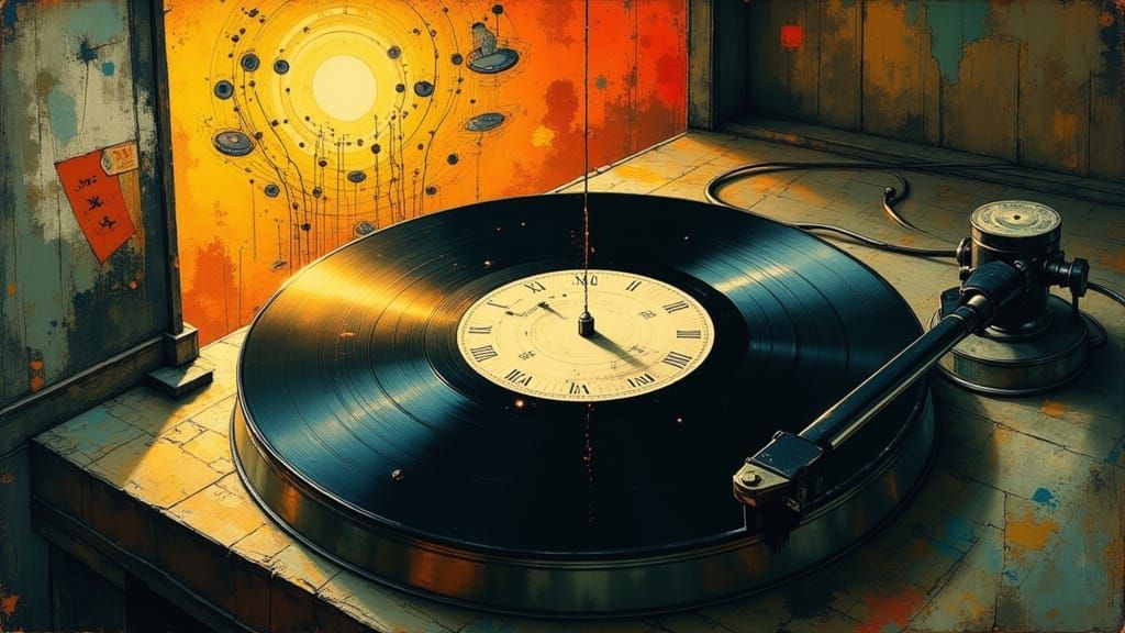 Surreal Vinyl Record Spinning with Time Swirls