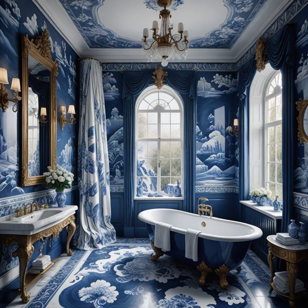 A waterfall running down one wall of an elegant blue and whi...