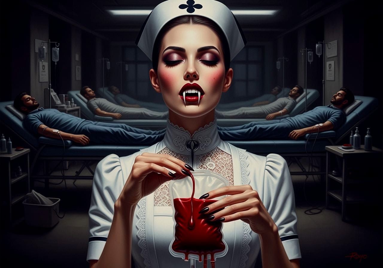 Vampiress Nurse in Blood Donor Center, Oil Painting Style