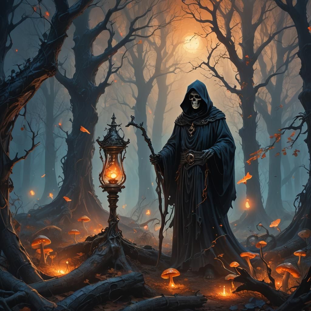 Grim Reaper in Mystical Forest: Fantasy Concept Art