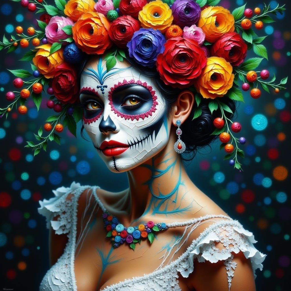 Hispanic Day of the Dead Bride in Vibrant Impasto Night Scen...
