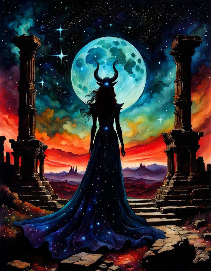 Starlight Demoness in Apocalyptic Ruins, Alcohol Ink Art