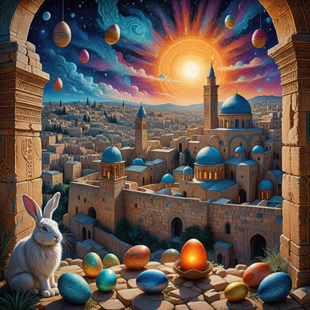 Jesus as Easter Bunny in Whimsical Cosmic Jerusalem