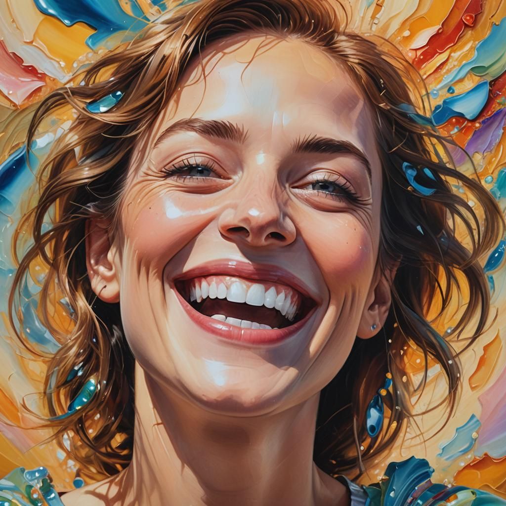 Surreal Woman's Laugh: Vibrant Close-Up Portrait