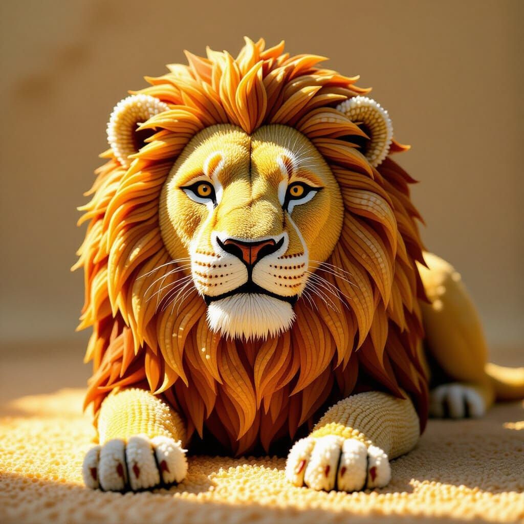 Majestic Lion Sculpture Crafted from Rice Grains