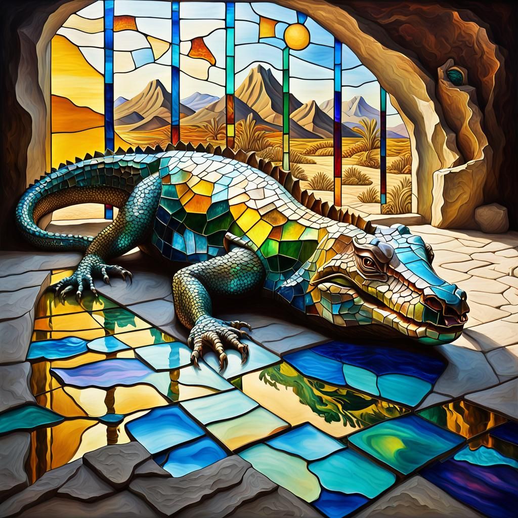 Stained Glass Komodo Dragon in Melting Landscape