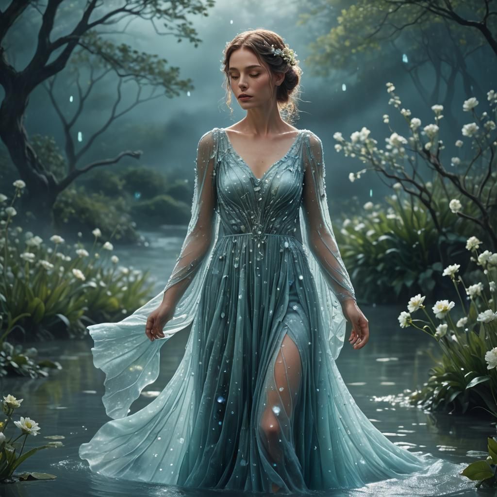 Water Dress in Moonlit Garden: Surreal Digital Art