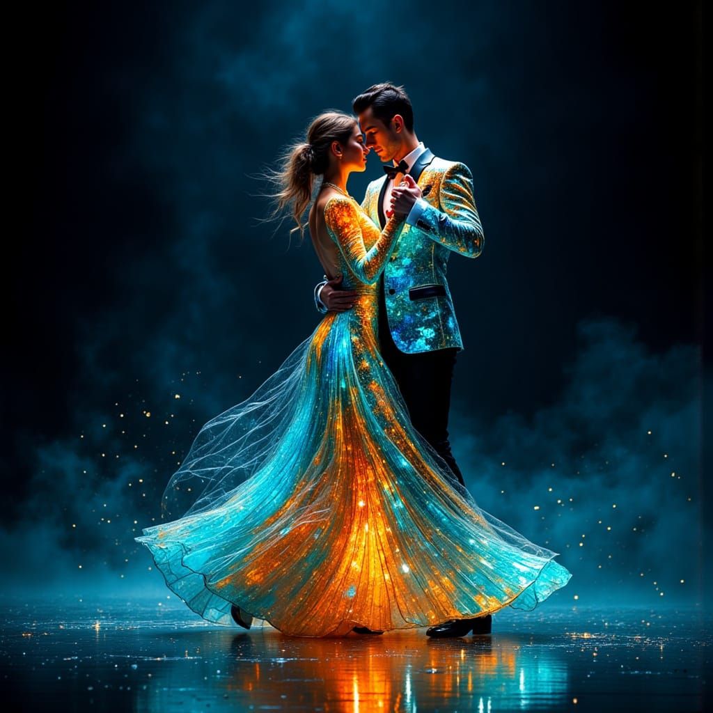 Luminous Couple Dancing as Stained-Glass Light