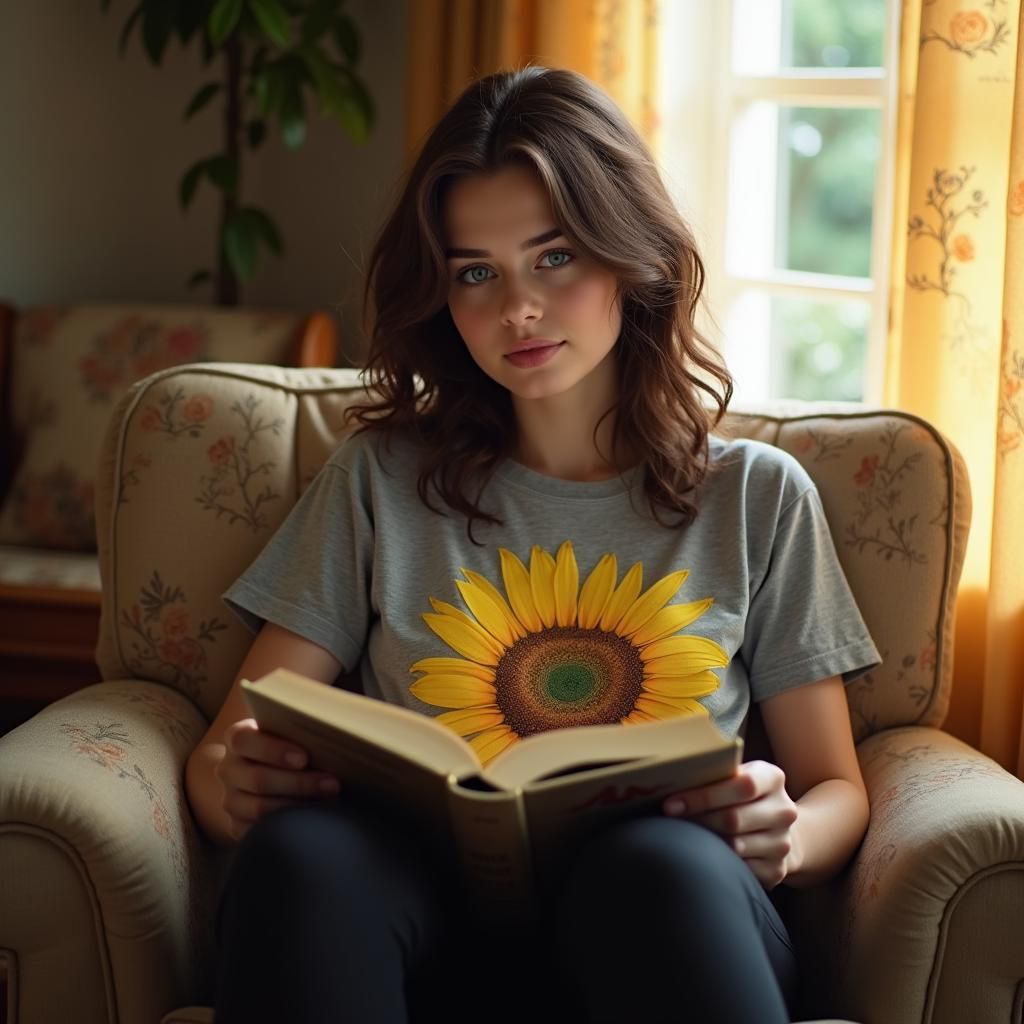 Woman Reading in 90s Living Room, Evocative Portrait