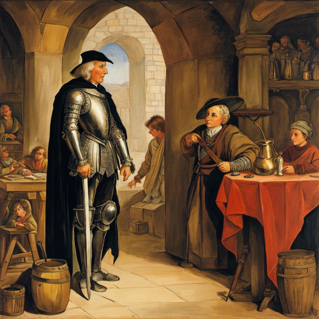 Boy and Knight in Tavern, Watercolor Painting