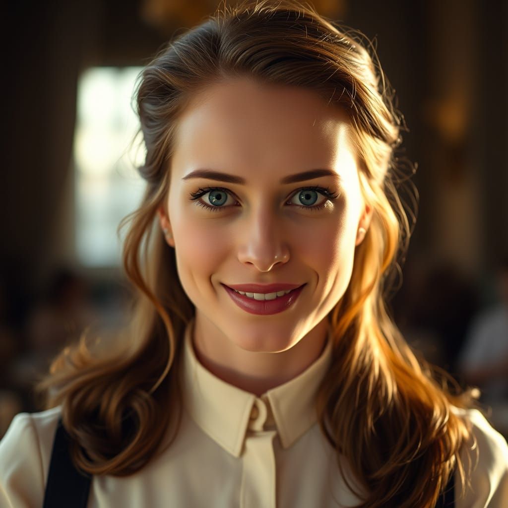Smiling Woman with Blue Eyes in Cinematic Style
