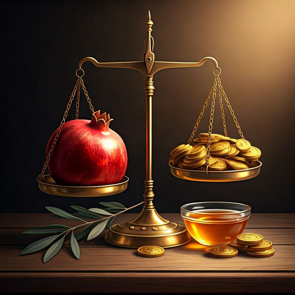 Golden Balance Scales with Pomegranate and Coins