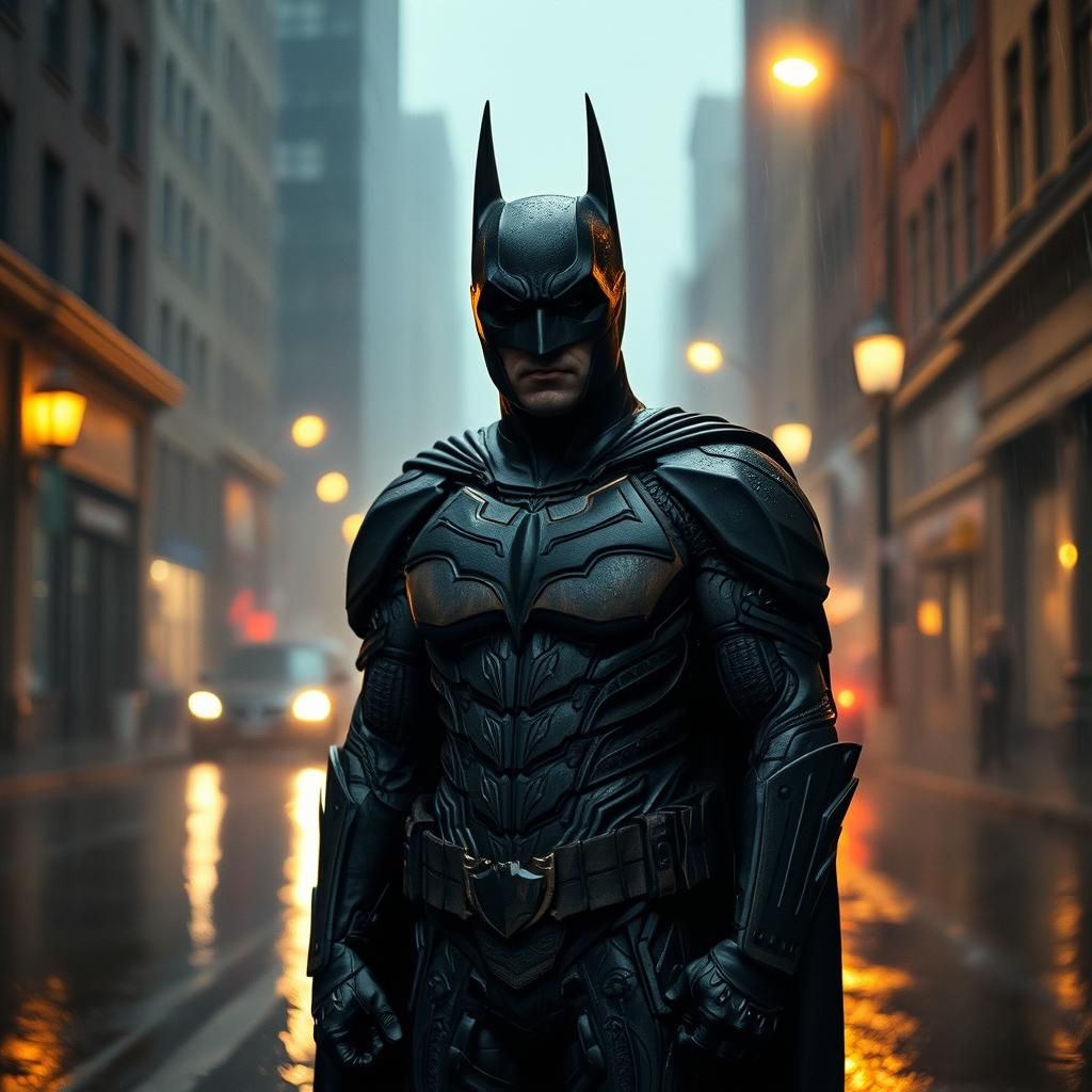 Dark Knight in Wooden Suit Amidst Gotham City