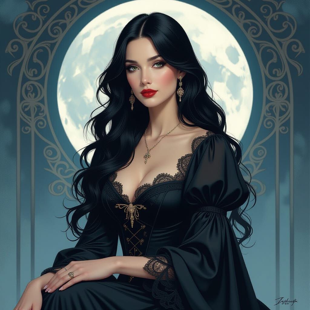 Gothic Woman in Victorian Gown, Art Nouveau Style