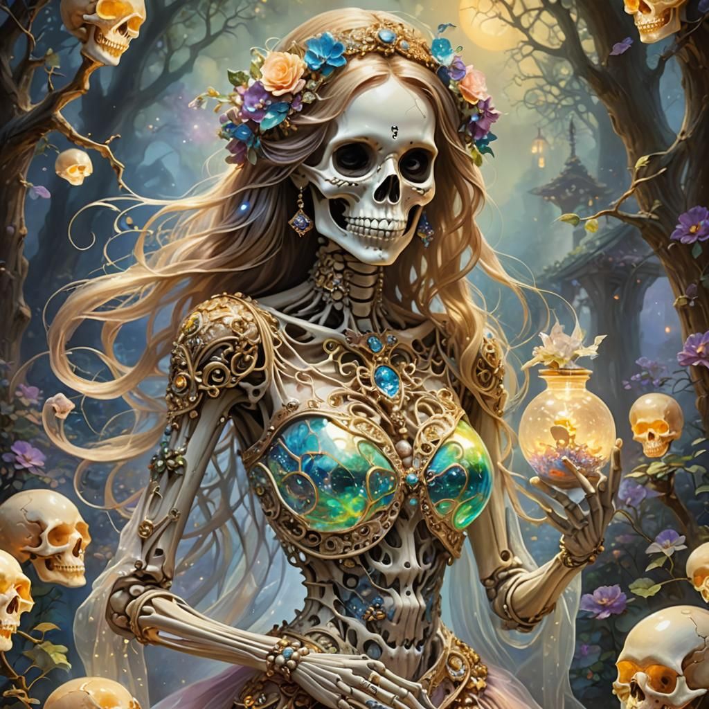 Bejeweled Skeleton Woman with Skull in Dreamy Light