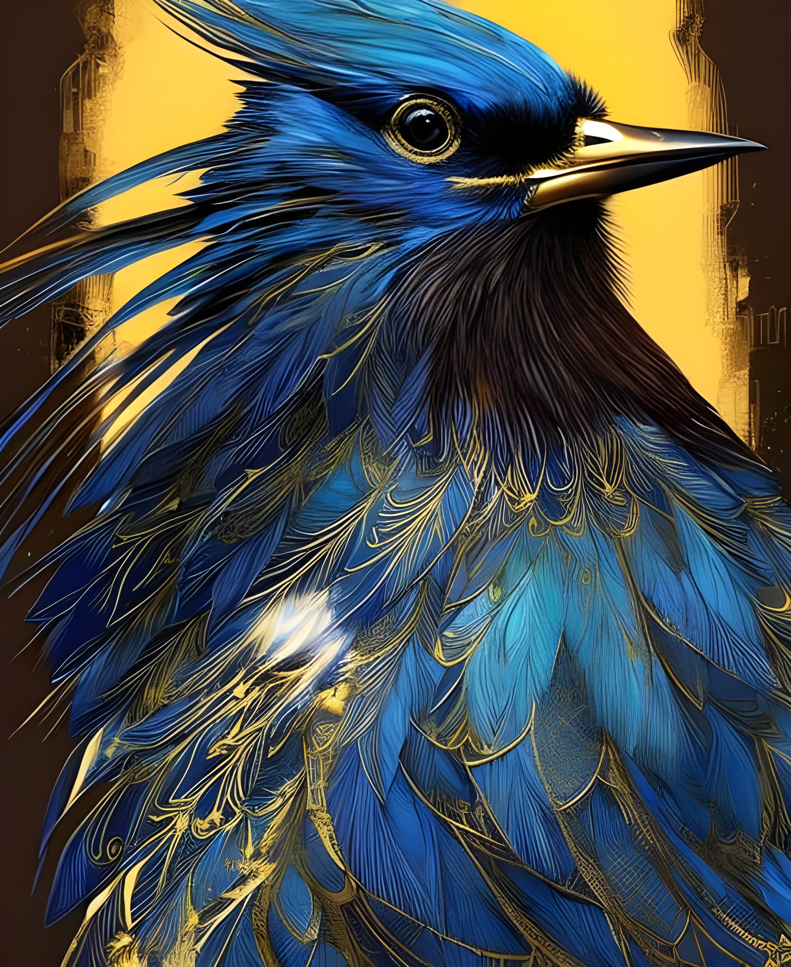 Royal Blue Bird Portrait with Golden Wings