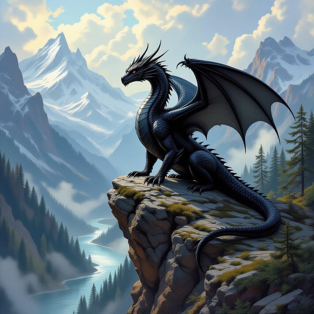 Black Dragon Overlooking Gorge in Realistic Fantasy Style