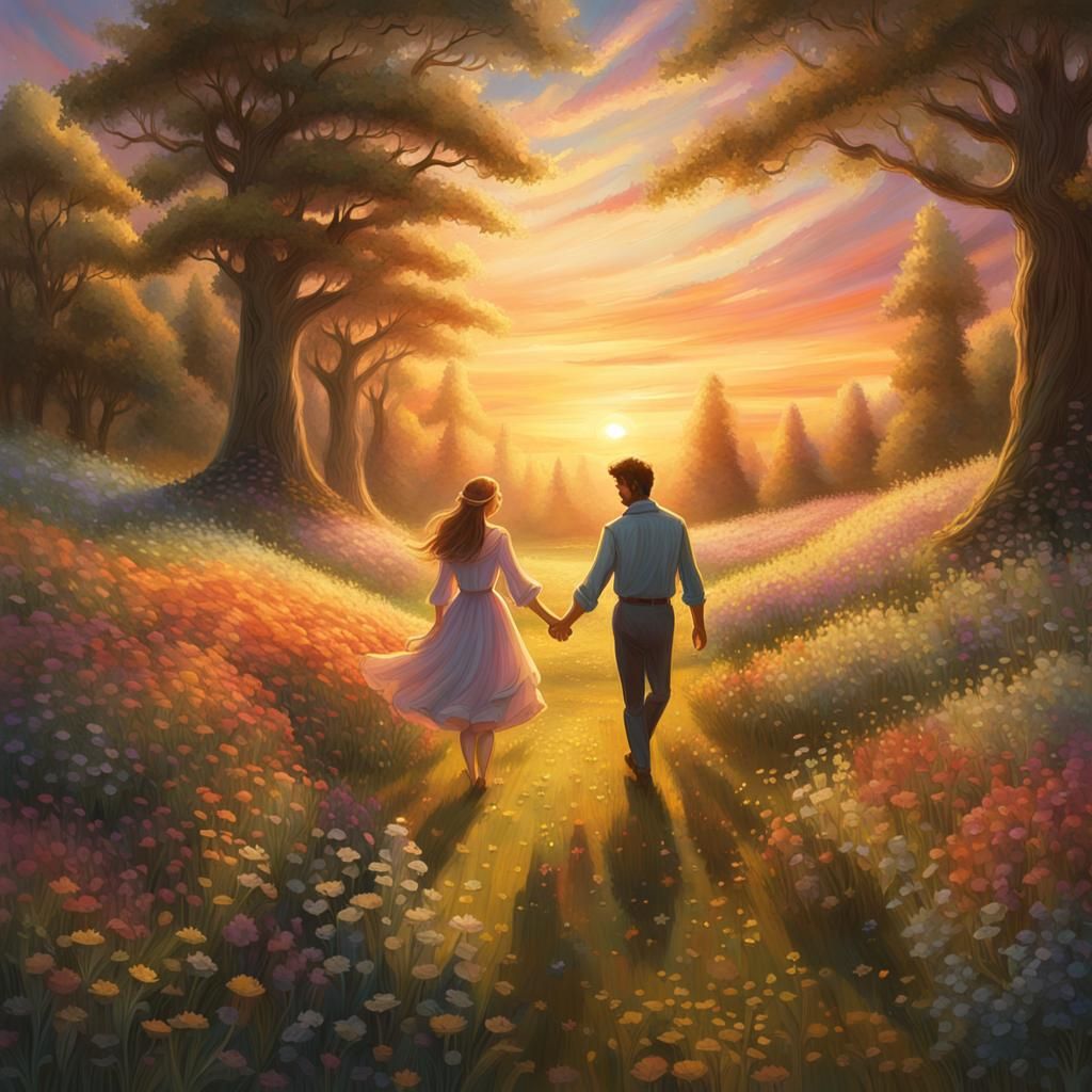 Romantic Couple Stroll Through Fantasy Meadow