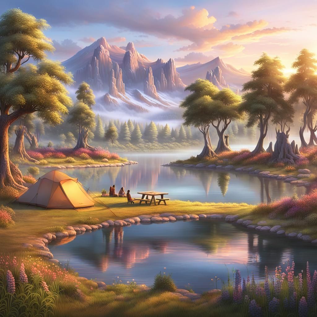 Fantasy Campsite at Sunset in Matte Painting Style
