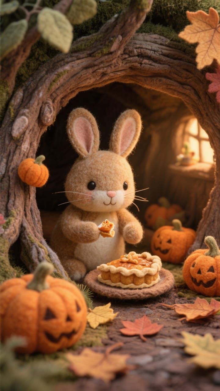 Cute Felt Bunny's Autumn Feast