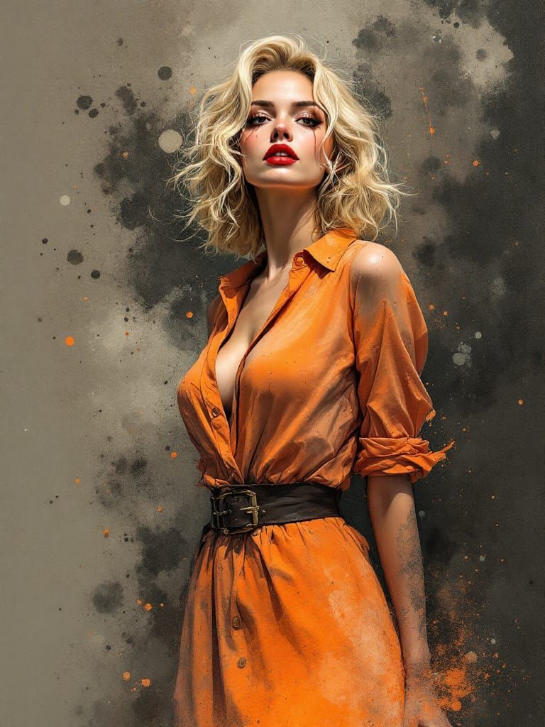 1950s Pin-Up Woman in Orange Dress with Ink Splatter Style
