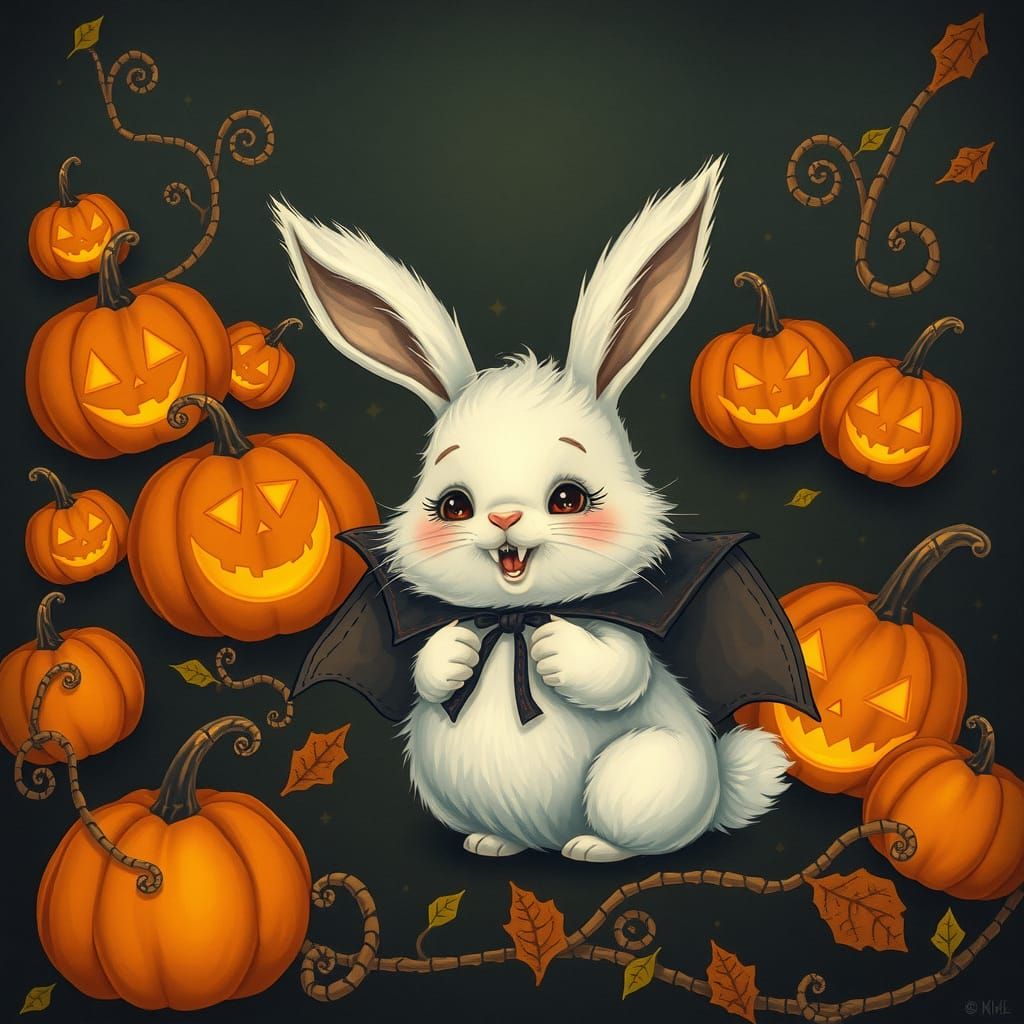 Rabbit Vampire in a Whimsical Gothic Scene