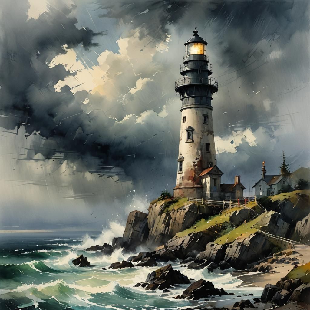Dramatic Lighthouse Watercolor Painting on Stormy Coast