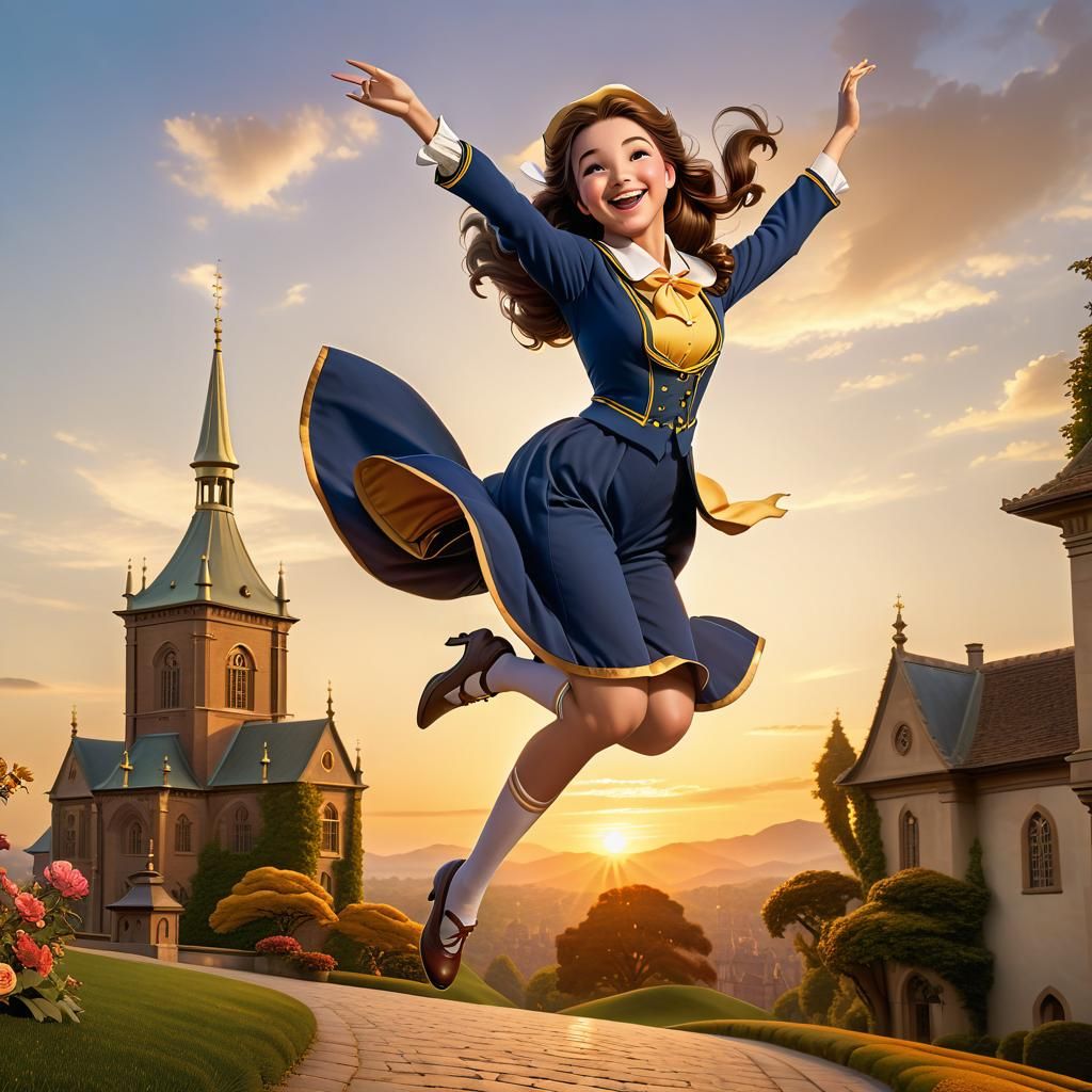 Joyful Student Jumps at Sunset in Digital Art