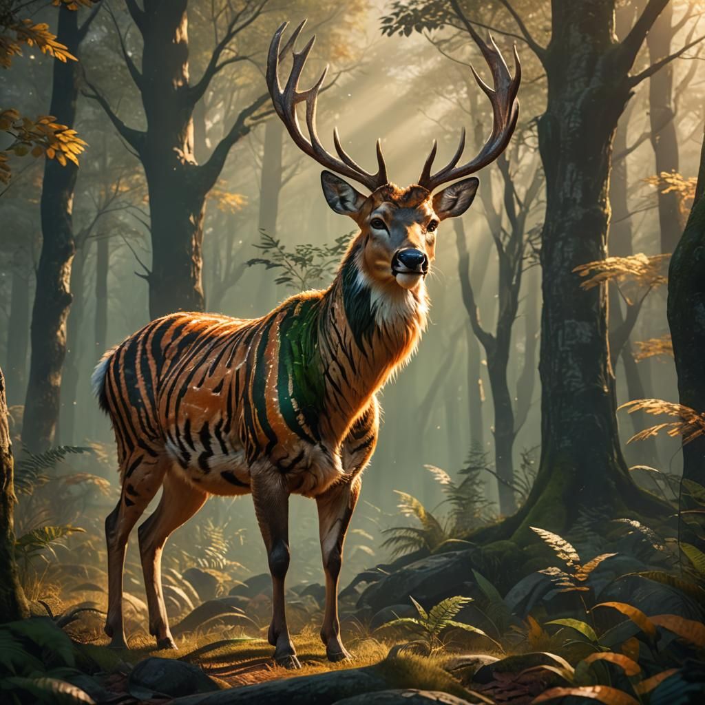 Tiger-Striped Deer in Misty Jungle, Fantasy Art