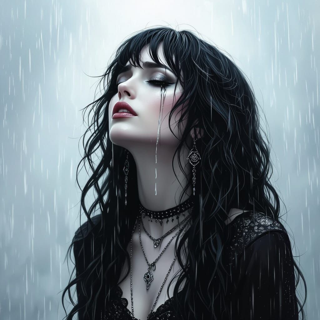 Gothic Woman in Rain with Tears