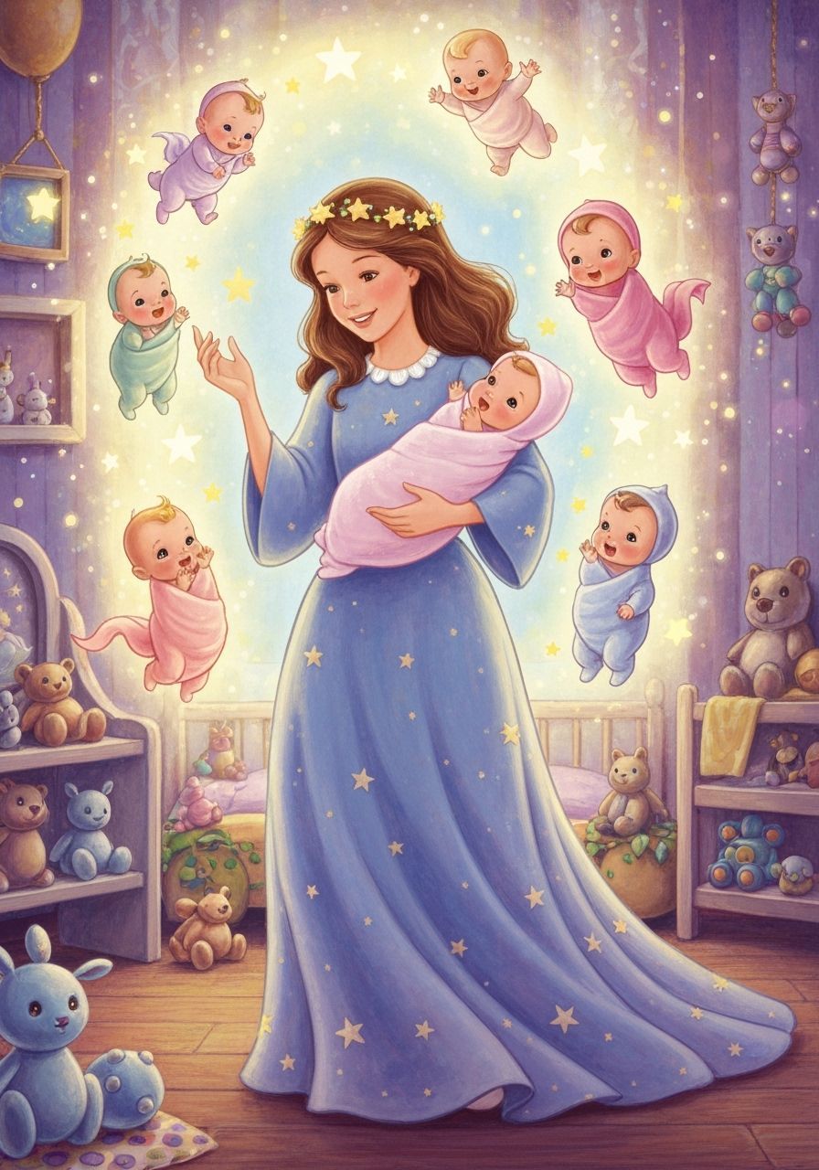 Magical Girl Tends Floating Babies in Whimsical Nursery