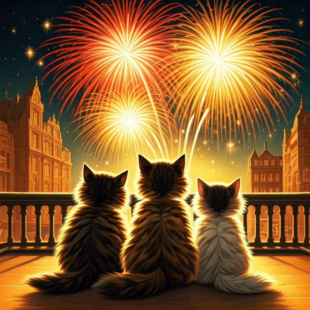 Kittens Watch Fireworks: Golden Age Illustration