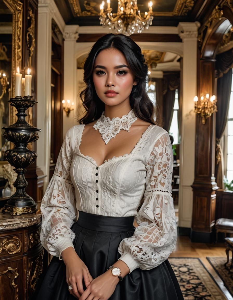 Indonesian Woman in Ornate Colonial Mansion Interior