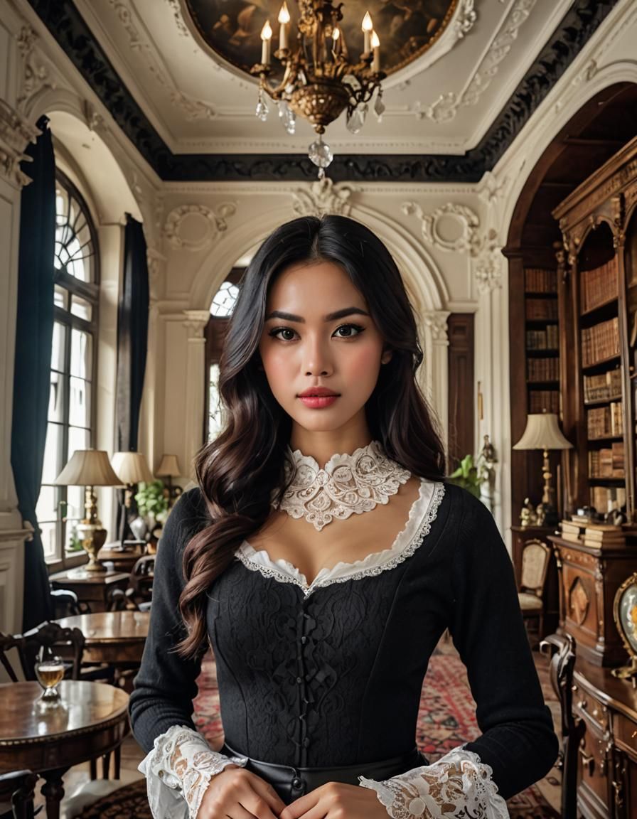 Indonesian Woman in Ornate Colonial Mansion Interior